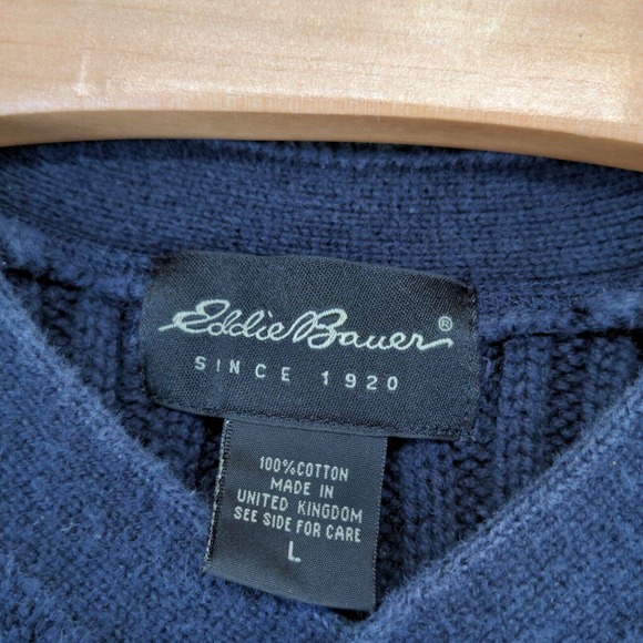 Eddie Bauer Men's Pullover Sweater Blue Large V-Neck 100% Cotton Vintage Made UK - Picture 8 of 11